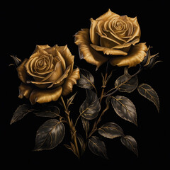 Gilded roses; gold texture; highly detailed petals; close up photography; removable black background; beautiful lovely flowers. 
