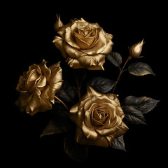 Gilded roses; gold texture; highly detailed petals; close up photography; removable black background; beautiful lovely flowers. 
