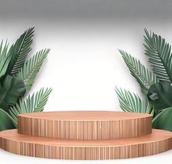 podium on a pedestal,  wood podium stage display mockup for product presentation decorated with tropical palm leaves, nature, AI generated