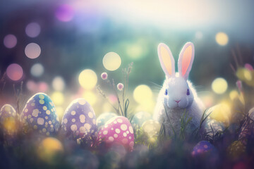 Fototapeta na wymiar Easter - Cute Bunny In Sunny Garden With Decorated Colorful Eggs (ai generated)
