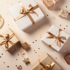 Fototapeta na wymiar Gift box flat top view. Christmas and New Year surprise gift box. generative ai