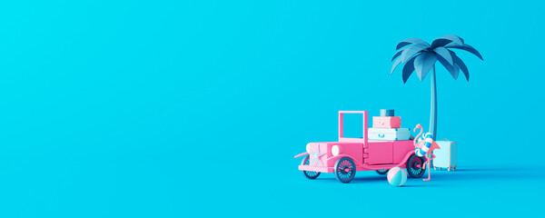 Obraz premium Pink toy car with luggage on pastel blue background. Creative minimal summer concept idea with copy space 3D Render 3D illustration