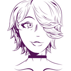 lineart illustration of the face of a female character anime style