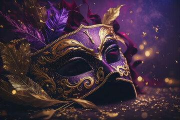 Carnival Party - Gold Venetian Mask On purple Satin With Shiny Streamers On Abstract Defocused Bokeh Lights (ai generated)
