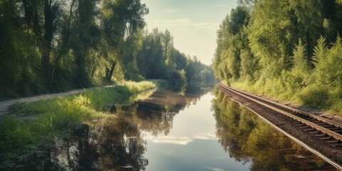 Obraz premium Railroad through the forest and the reflection of trees in the water, generative Ai