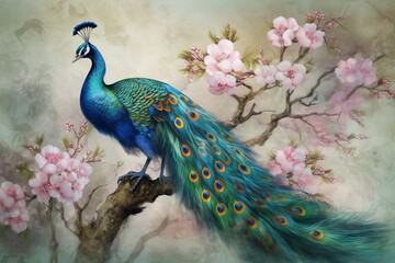 Peacock on a branch with blooming sakura. Vintage painting, generative Ai