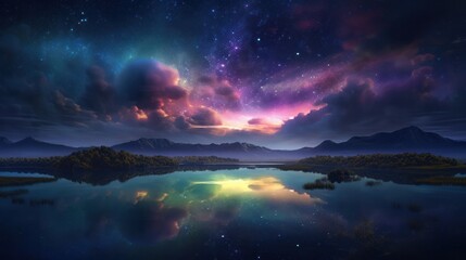 Fototapeta na wymiar Fantasy landscape with lake and starry sky. 3D rendering, generative Ai