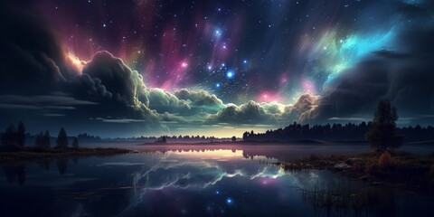 Fantasy landscape with lake and aurora borealis in night sky, generative Ai
