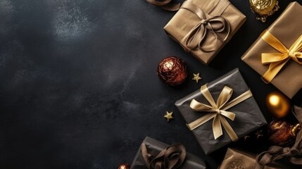 Fototapeta premium Gift box flat top view. Christmas and New Year surprise gift box. generative ai