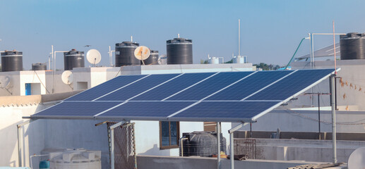 Solar panel system on the terrace in Indian City