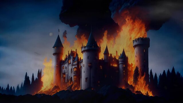 Old castle on fire at night, 4K footage  