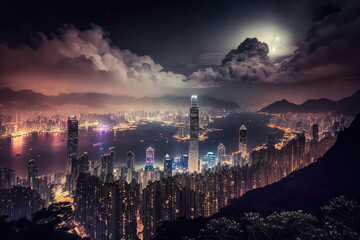 Naklejka premium Victoria Peak, Hongkong, Night view at Peak Tower Observatory (ai generated)