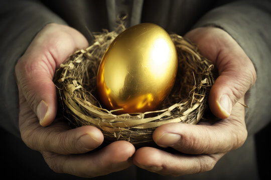 Hands Of Old Man Holding Golden Nest Egg - Investment Concept (ai generated)