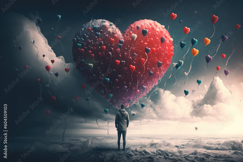 Wall mural digital illustration painting of a man looking heart balloons standing in front of fantasy storm, sea. (ai generated)