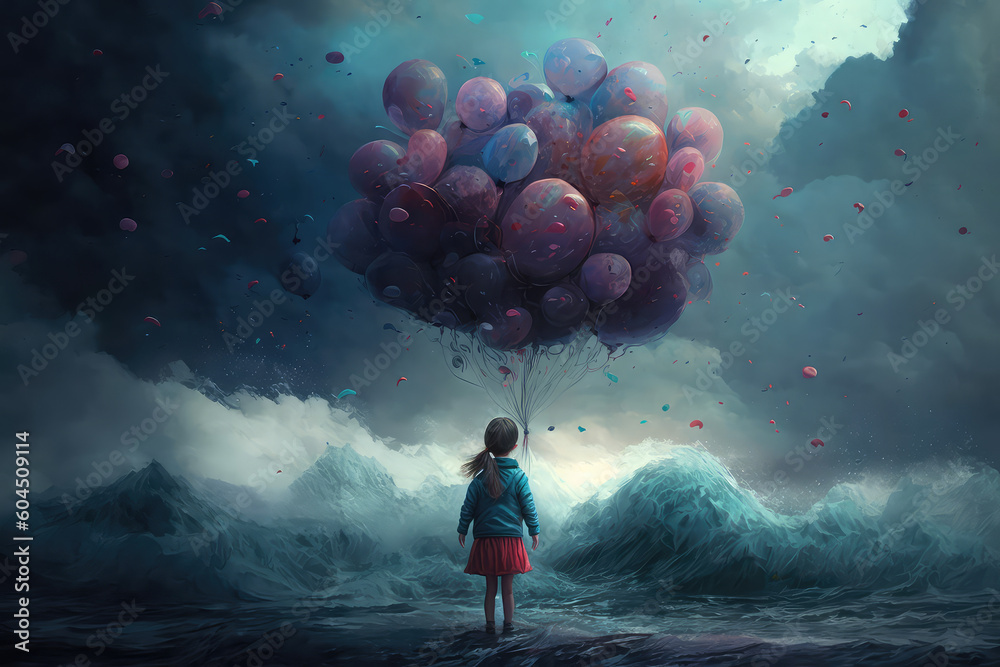 Wall mural digital illustration painting of a girl looking balloons standing in front of fantasy storm, sea. (a