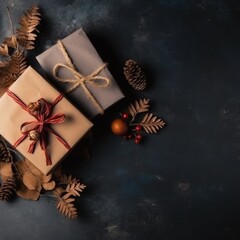 Gift box flat top view. Christmas and New Year surprise gift box. generative ai