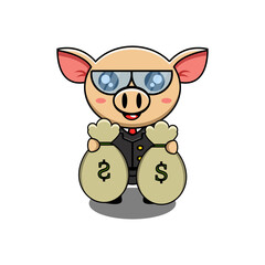 Cute Pig Businessman Holding Money Bag and Suitcase Cartoon Vector Icon Illustration. Animal Finance Icon Concept Isolated Premium Vector. Flat Cartoon Style