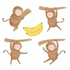 Water color cartoon animal set for stickers and emoji avatars of tropical and forest characters isolated on white background.