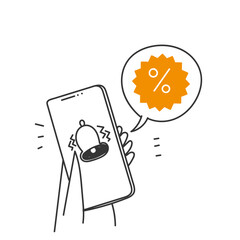 hand drawn doodle tag price icon with bell notification for discount illustration vector