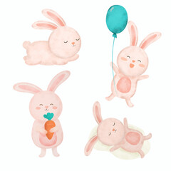 Water color cartoon animal set for stickers and emoji avatars of tropical and forest characters isolated on white background.