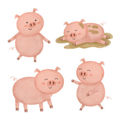 Water color cartoon animal set for stickers and emoji avatars of tropical and forest characters isolated on white background.