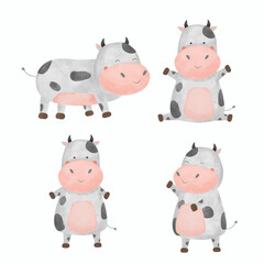 Water color cartoon animal set for stickers and emoji avatars of tropical and forest characters isolated on white background.