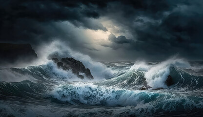  a storm. Thunder, rain big waves on the ocean. rough water, sea. Digital artwork, painting. (ai generated)