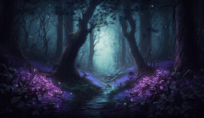 Fairy purple forest at night, fantasy glowing flowers and lights. (ai generated)