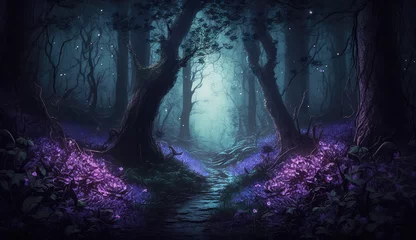 Papier Peint photo Forêt des fées Fairy purple forest at night, fantasy glowing flowers and lights. (ai generated)