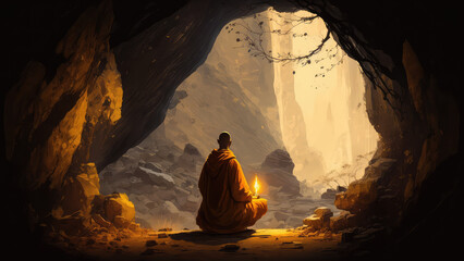 Buddhist monk in meditation In a cave with a waterfall in nature on the mountain. (ai generated) - obrazy, fototapety, plakaty