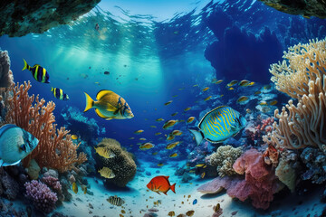 Animals of the underwater sea world. Ecosystem. Colorful tropical fish. Life in the coral reef. (ai generated)