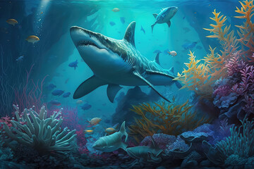 Animals of the underwater sea world. Ecosystem. Colorful tropical shark. Life in the coral reef. (ai generated)