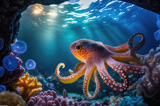 Image for 3d floor. Underwater world. Octopus. corals. (ai generated)