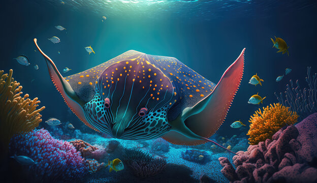 illustration painting of the underwater sea world. Ecosystem. Colorful tropical Stingray. Life in the coral reef. (ai generated)