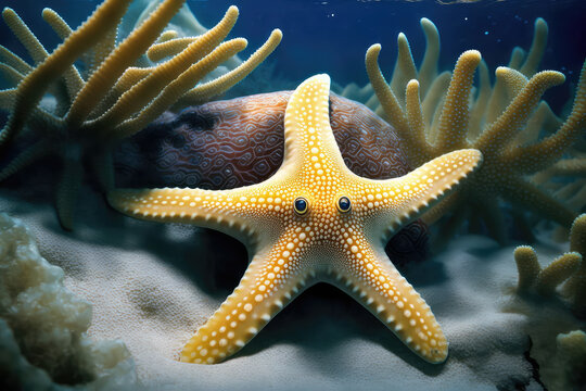 Image for 3d floor. Underwater world. Cartoons Starfish. corals. (ai generated)