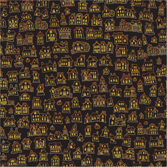 Seamless pattern of Fairy tale old town houses and pumpkin. Thanksgiving Day gold and black print, wrapping paper, Halloween wallpaper 