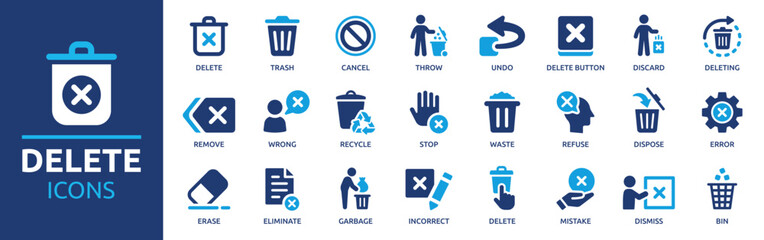 Delete icon set. Containing trash, delete button, cancel, undo, throw and remove icons. Solid icon collection. Vector illustration. - obrazy, fototapety, plakaty