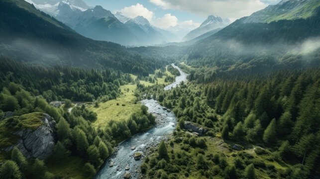 view from the top of the mountains on a river valley, ai tools generated image