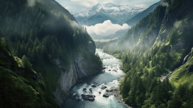 view from the top of the mountains on a river valley, ai tools generated image