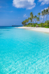 Best tropical beach landscape. Fantastic summer coast, vacation destination, palm trees, white sand, sunny sky. Freedom travel, amazing sea lagoon, paradise shore nature landscape. Beautiful beach
