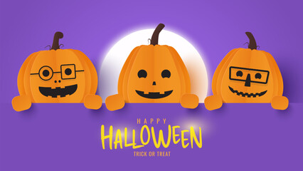 Happy halloween banner. Halloween pumpkin on purple background. Vector illustration