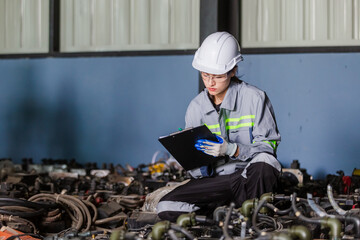 Female engineers take note on clipboard checking inspection quality machine part. Factory assembly industry plan robotic arm.