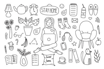 Cute vector hand drawn doodle set about coronavirus, Covid-19, Stay Home, work in home. Pandemic protection. Quarantine positive doodle icons, home elements. Isolated on white background.