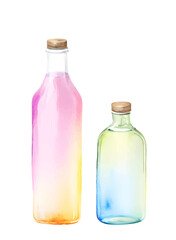watercolor Glass bottle colorful pink and rainbow glass. Kids print for design.