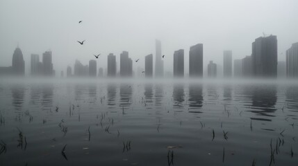 flood water disaster in city, Smoke, Dirty water, generative ai