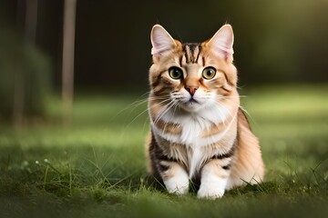 Obraz premium AI generated American Bobtail Cat looking inquisitively lying on the grass patch.