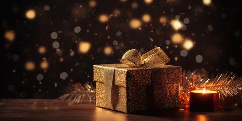 Beautiful Christmas gift boxes. Christmas and New Year surprise gift box. night bright shiny lights blurred golden bokeh. generative ai