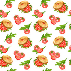 Seamless pattern from bagel, sandwich with slices tomatoes and herbs. Hand drawn watercolor illustration on white background. Template for design menu, textiles, printing, packaging.