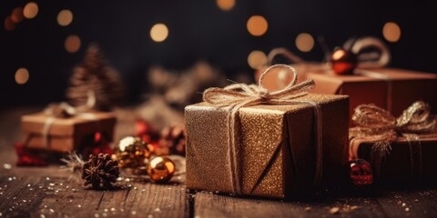 Fototapeta na wymiar Beautiful Christmas gift boxes. Christmas and New Year surprise gift box. night bright shiny lights blurred golden bokeh. generative ai