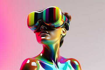 chrome colorful woman wearing a virtual reality headset - obrazy, fototapety, plakaty